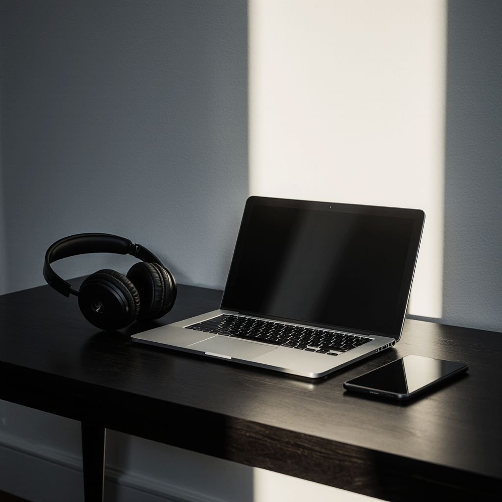 Mesa de trabalho escura com um notebook prateado, um smartphone e um fone de ouvido, representando o foco em análises de tecnologia do AlaDigital.