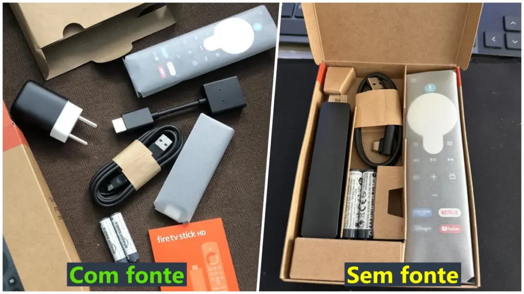 Conteúdo da embalagem do Fire TV Stick HD: modelo antigo com adaptador de energia incluso à esquerda, modelo novo sem adaptador à direita