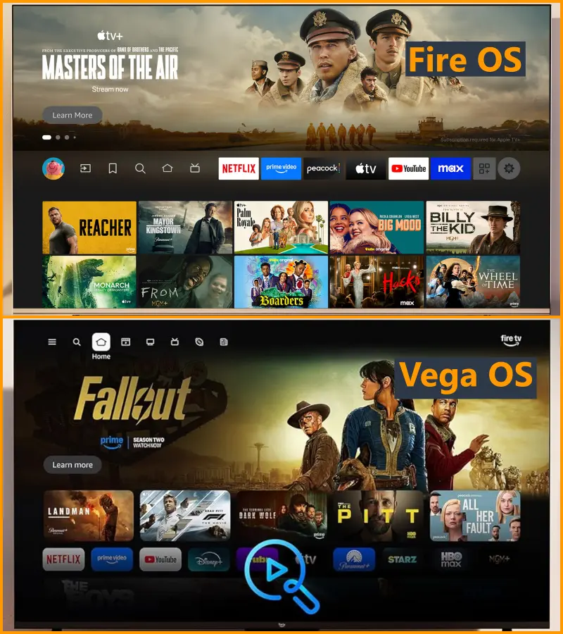 Comparativo de interface: Fire OS do modelo antigo acima e Vega OS do novo modelo abaixo