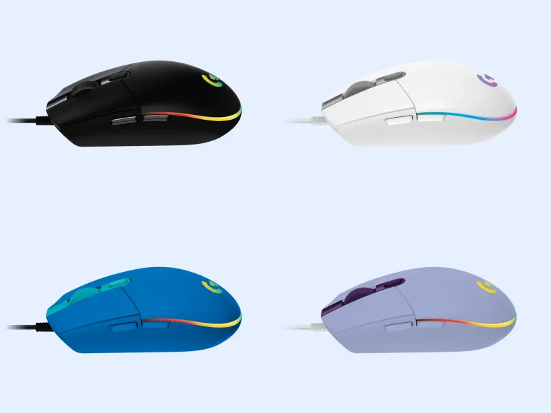 Logitech G203 mouse gamer com fio em cores preta, branca, azul e roxa, com iluminação RGB
