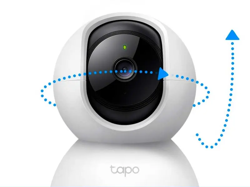 Câmera Wi-Fi TP-Link Tapo C200 com design esfera mostrando movimento Pan/Tilt 360 graus
