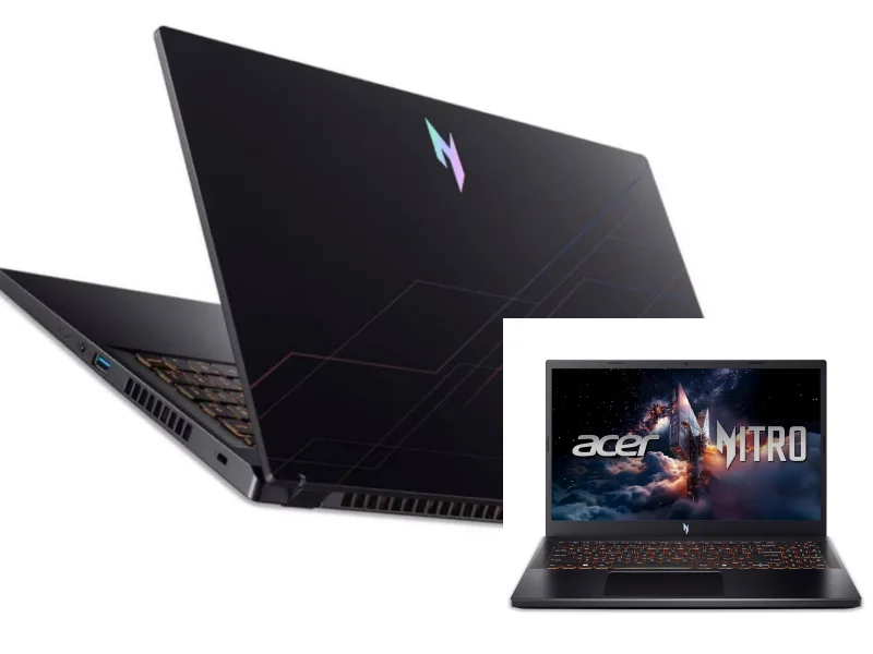 Acer Nitro V15 notebook gamer preto aberto mostrando tela 165Hz e teclado retroiluminado