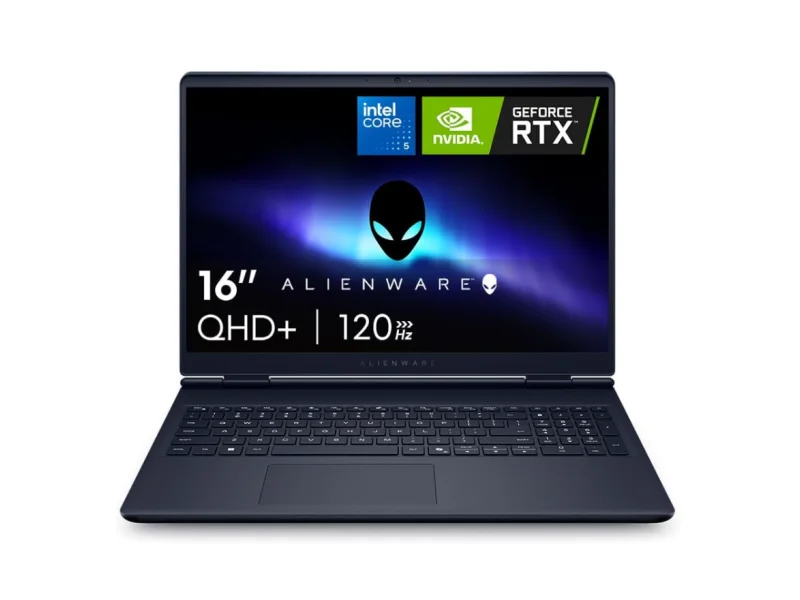 Alienware 16 AC16250 azul escuro aberto com tela WQXGA e teclado retroiluminado