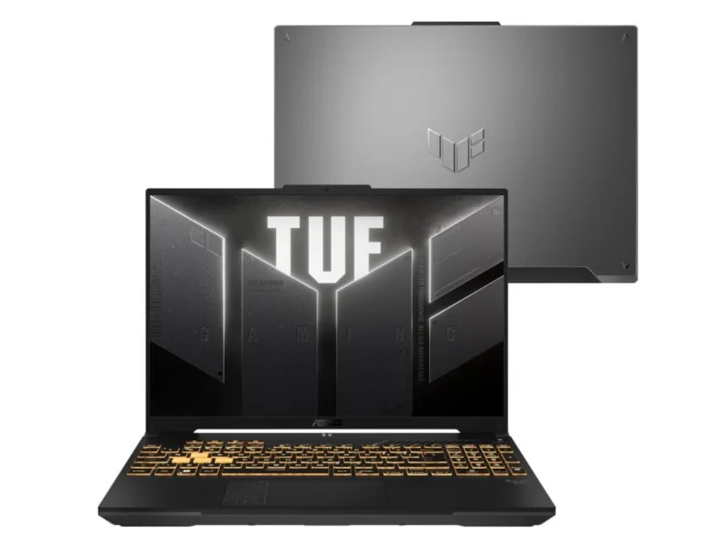 ASUS TUF Gaming F16 FX607VU cinza escuro aberto com teclado RGB aceso